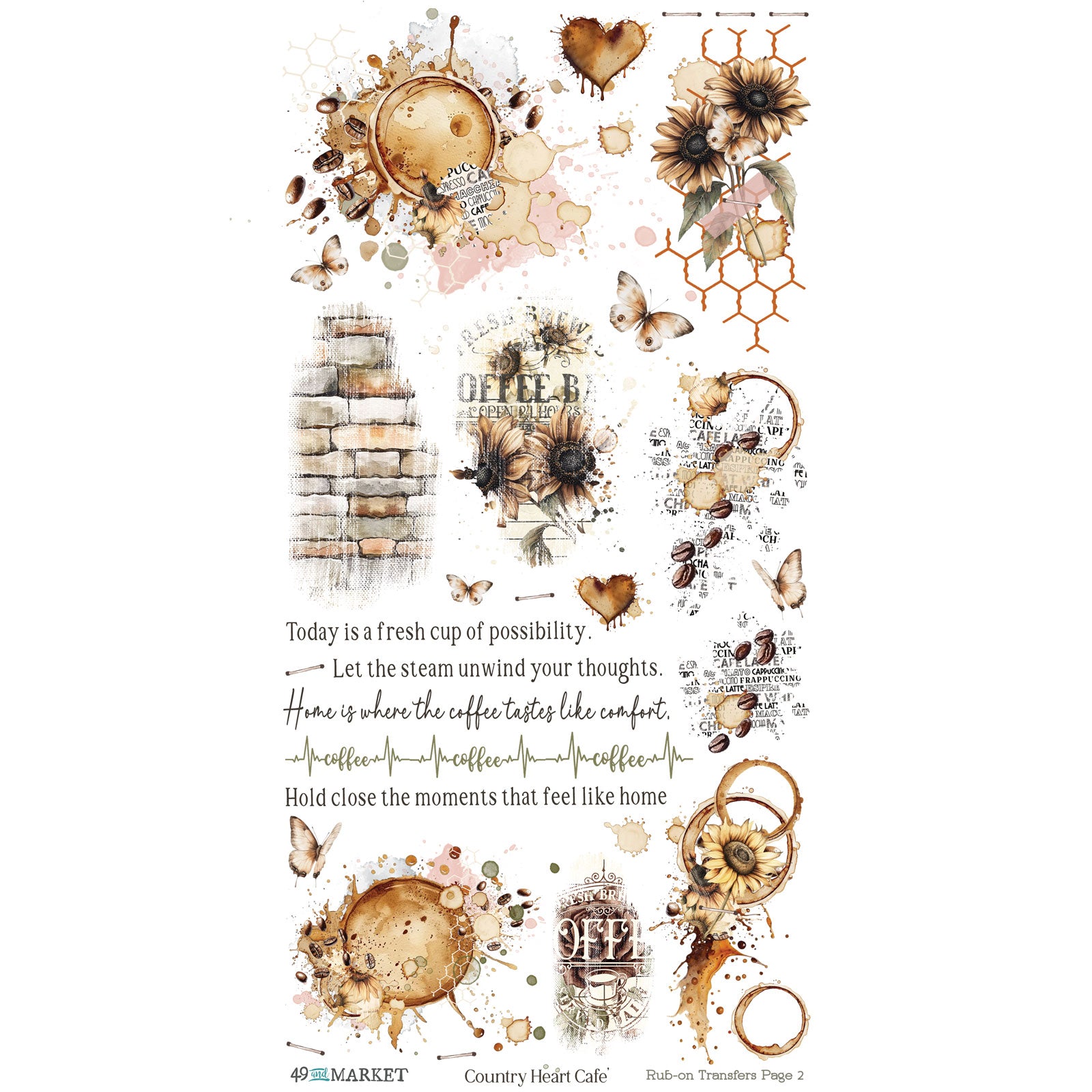 49 and Market Country Heart Cafe 6 x 12 inch Blendable Rub-on Transfers jch-36367 contents inside page 1
