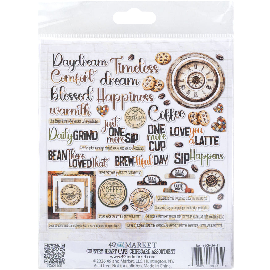 49 and Market Country Heart Cafe Chipboard Assortment jch-36411 back of package