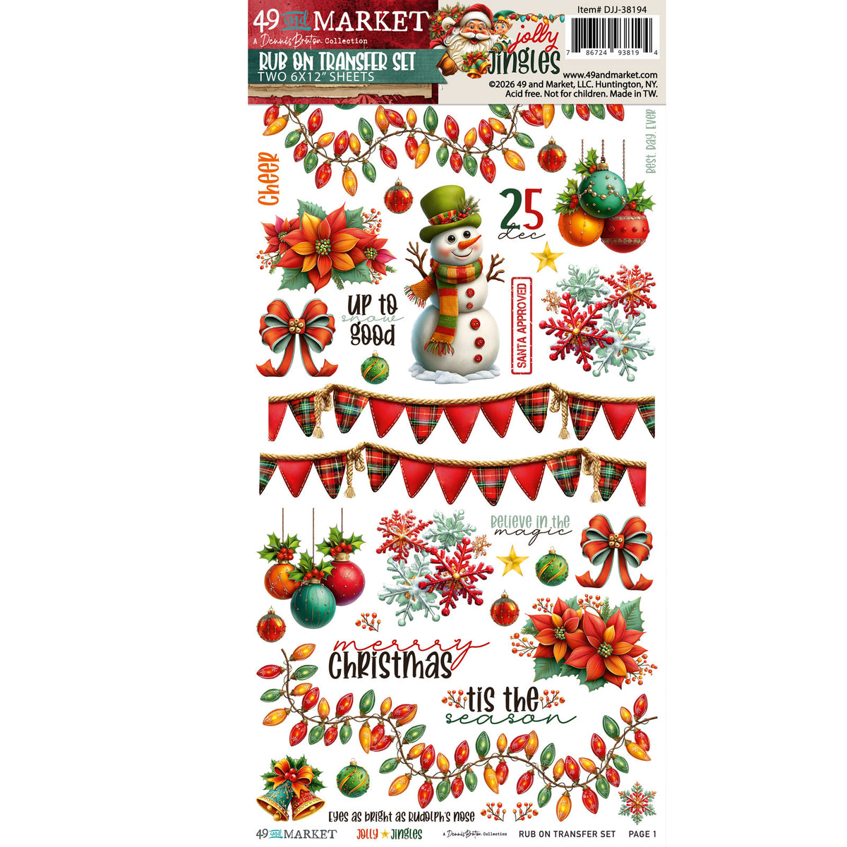 49 and Market Jolly Jingles 6 x 12 inch Blendable Rub-on Transfer Sheets djj-38194