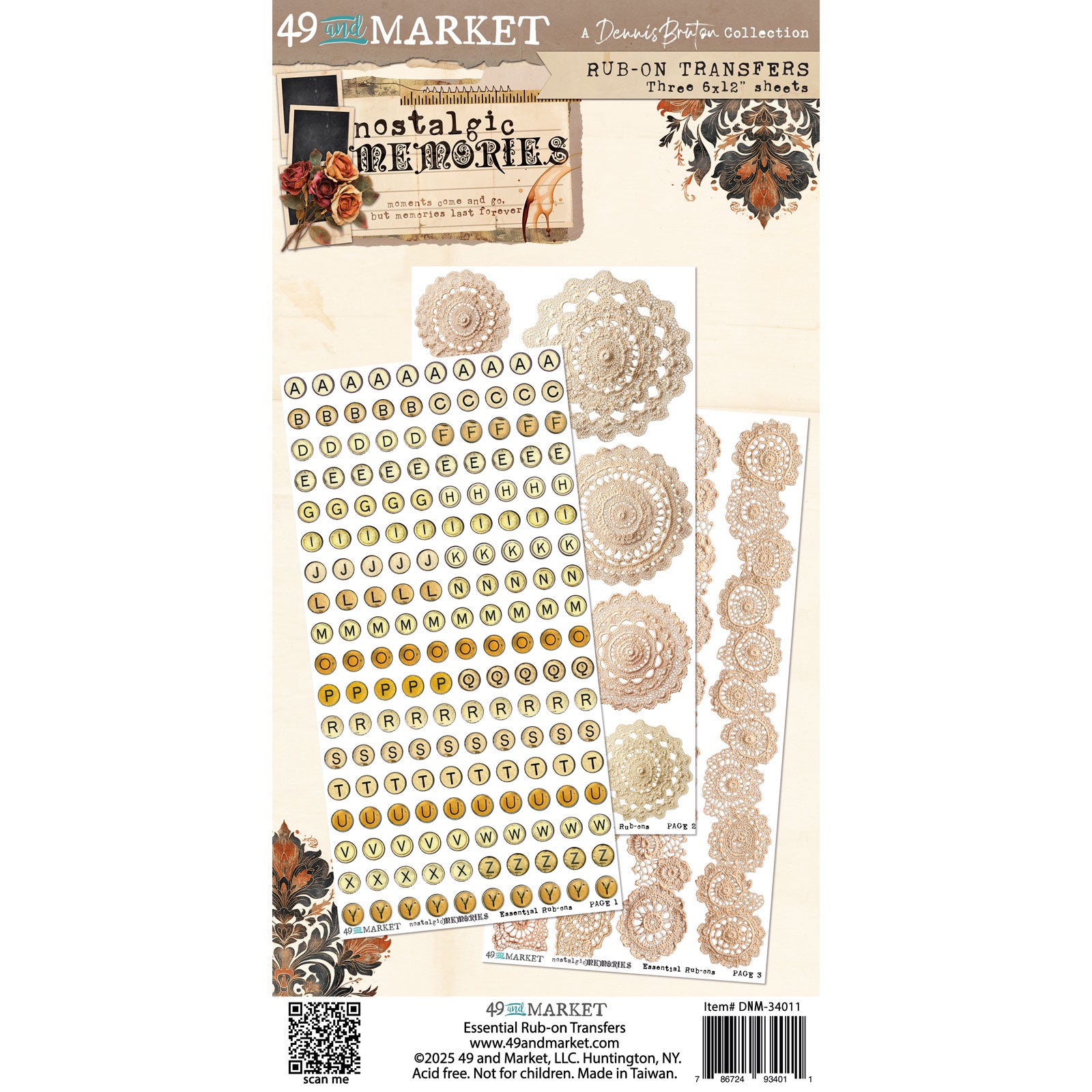 49 and Market Nostalgic Memories 6 x 12 Essentials Rub-on Transfer Sheets dnm-34011