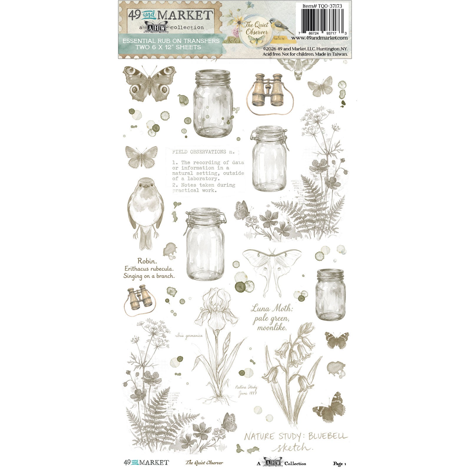 49 and Market The Quiet Observer 6 x 12 inch Essential Rub-on Transfers tqo-37173