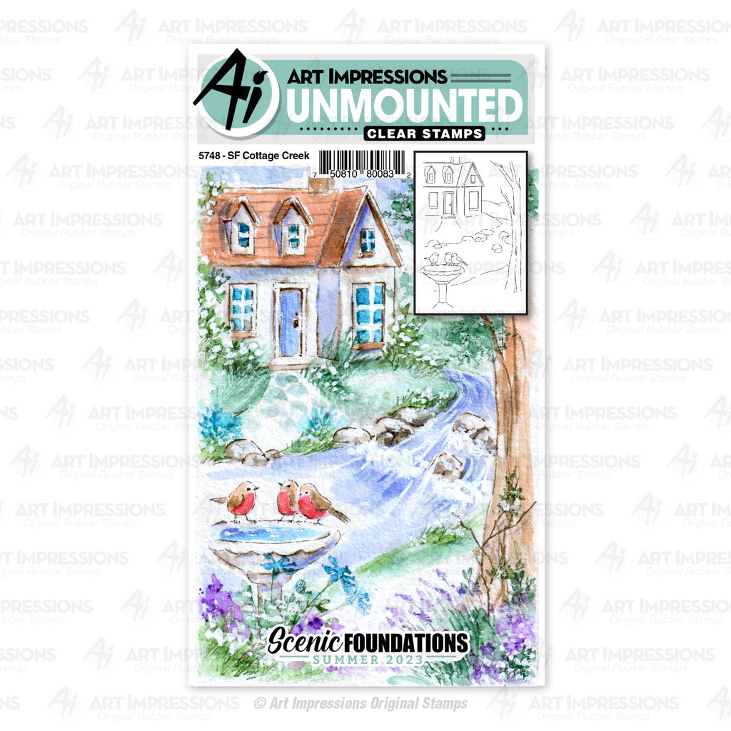 Art Impressions Cottage by the Creek Scenic Foundations Clear Stamps 5748 colored sample
