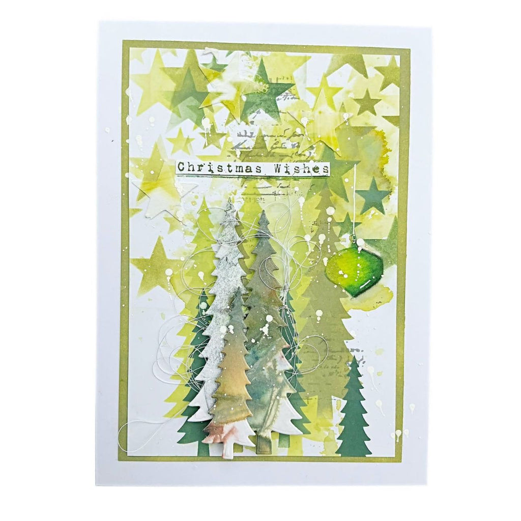 Tracy Evans Boutique Designs Cluster 4x4 Snippet Stencil ss42 green starts trees ornaments christmas card