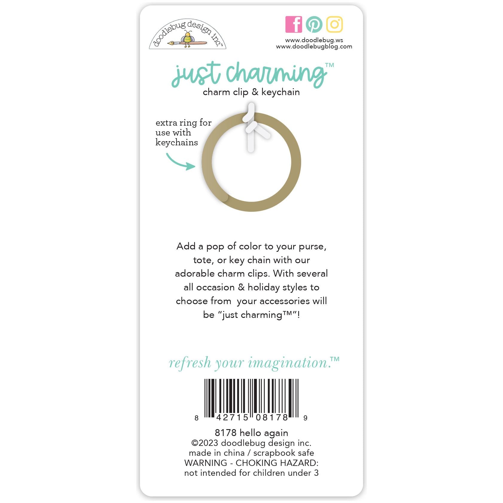 Doodlebug Hello Again Just Charming Clip and Keychain 8178 back