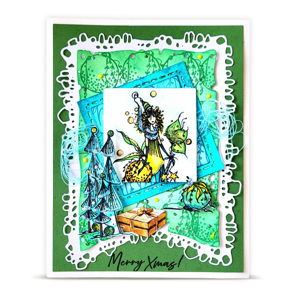 AALL & Create Aerial Carol A6 Clear Stamp Set 1470 green trim blue trees merry xmas card