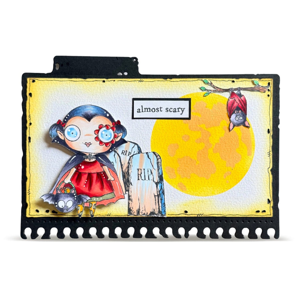 AALL & Create Almost Scary A7 Clear Stamp Set 1416 full moon bat hanging red dress almost scary card