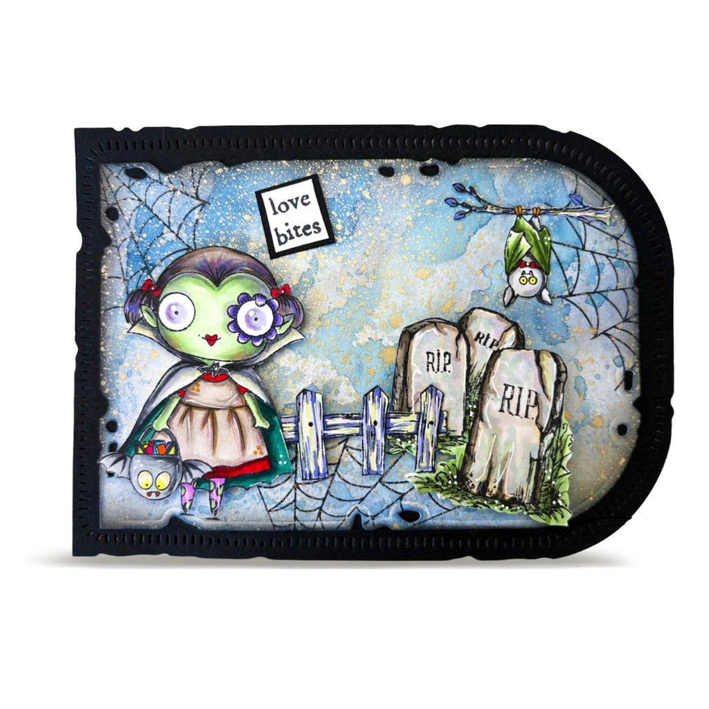 AALL & Create Almost Scary A7 Clear Stamp Set 1416 spiderwebs girl with cape bat headstones card