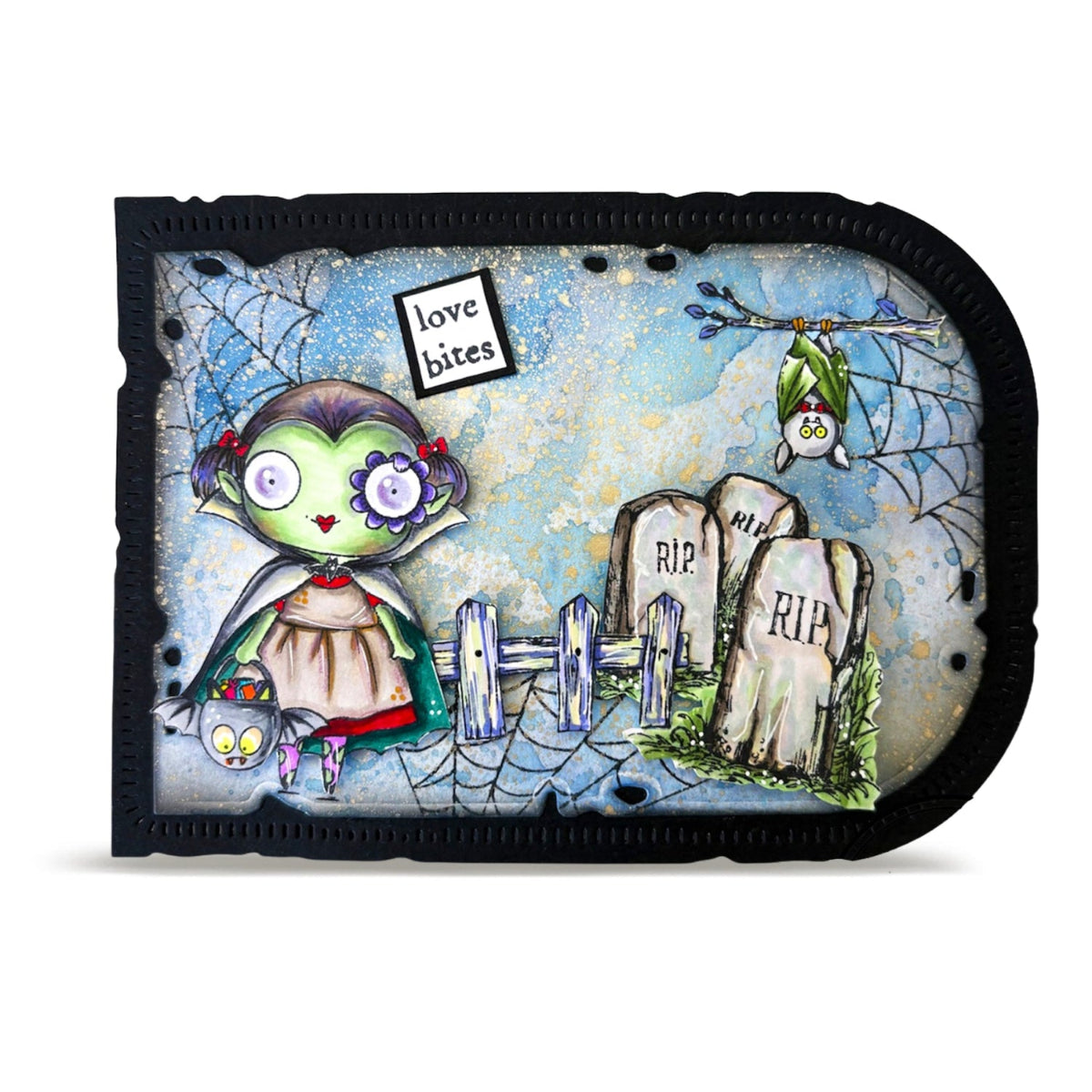AALL & Create Almost Scary A7 Clear Stamp Set 1416 spiderwebs girl with cape bat headstones card