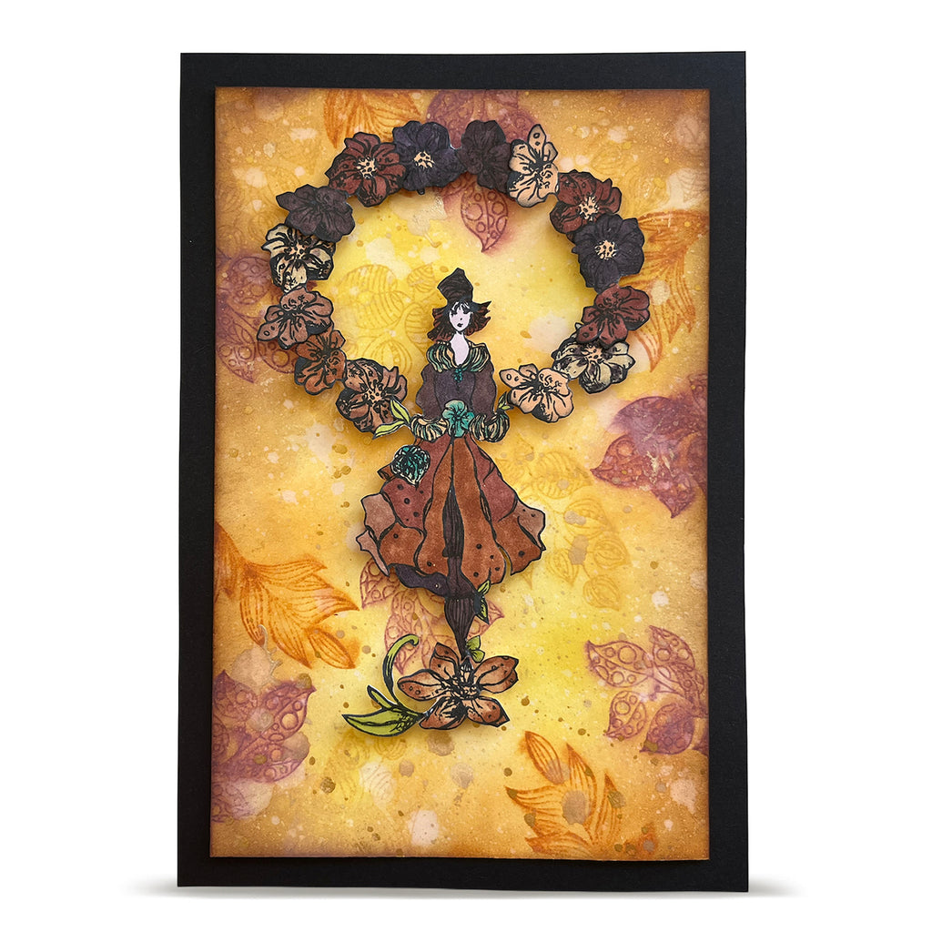 AALL & Create Amber Sonata A6 Clear Stamp Set 1539 circle of flowers brown hat pattern leaves background black border card