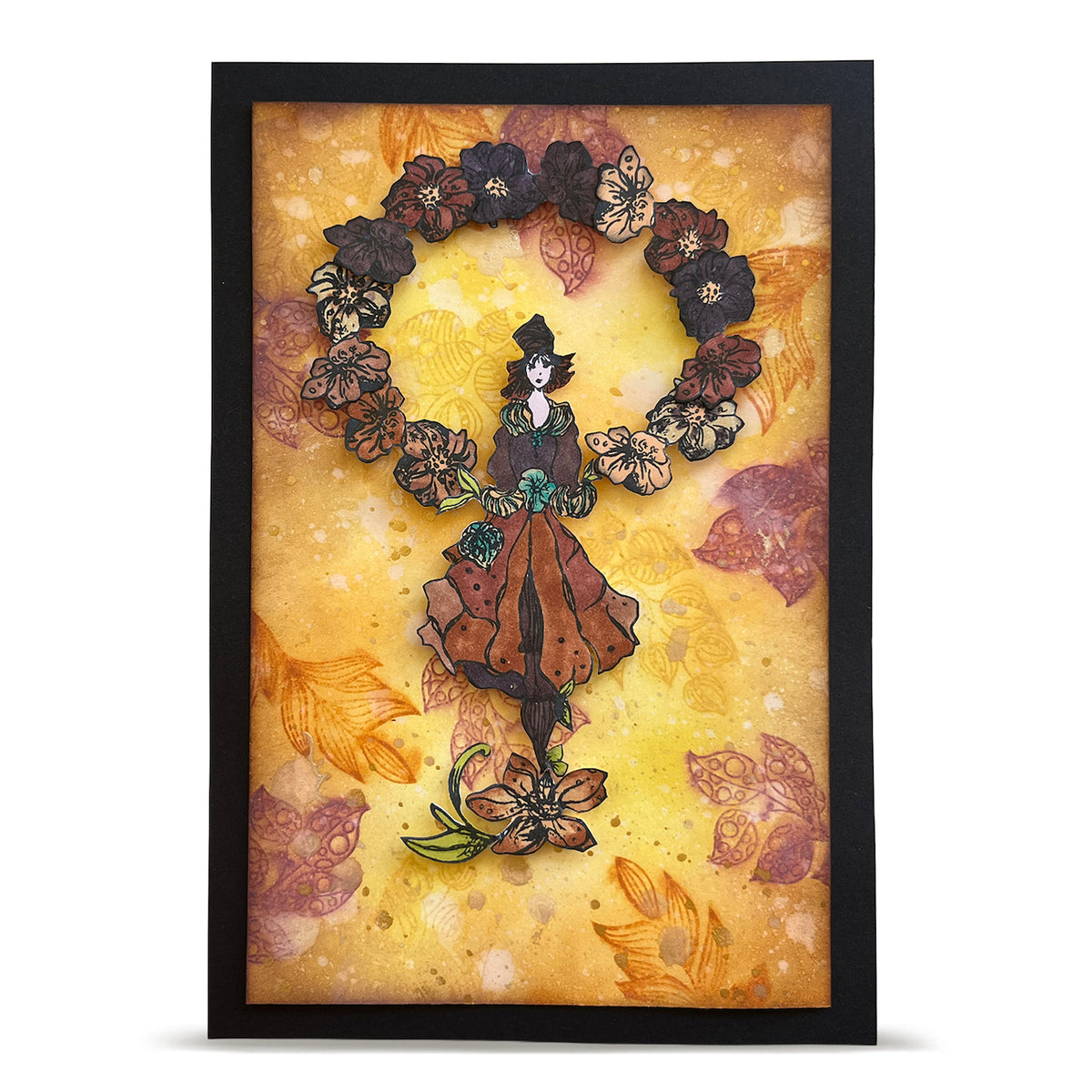 AALL & Create Amber Sonata A6 Clear Stamp Set 1539 circle of flowers brown hat pattern leaves background black border card