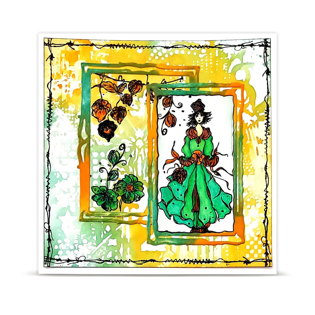 AALL & Create Amber Sonata A6 Clear Stamp Set 1539 green dress orange flowers black stitch trim card