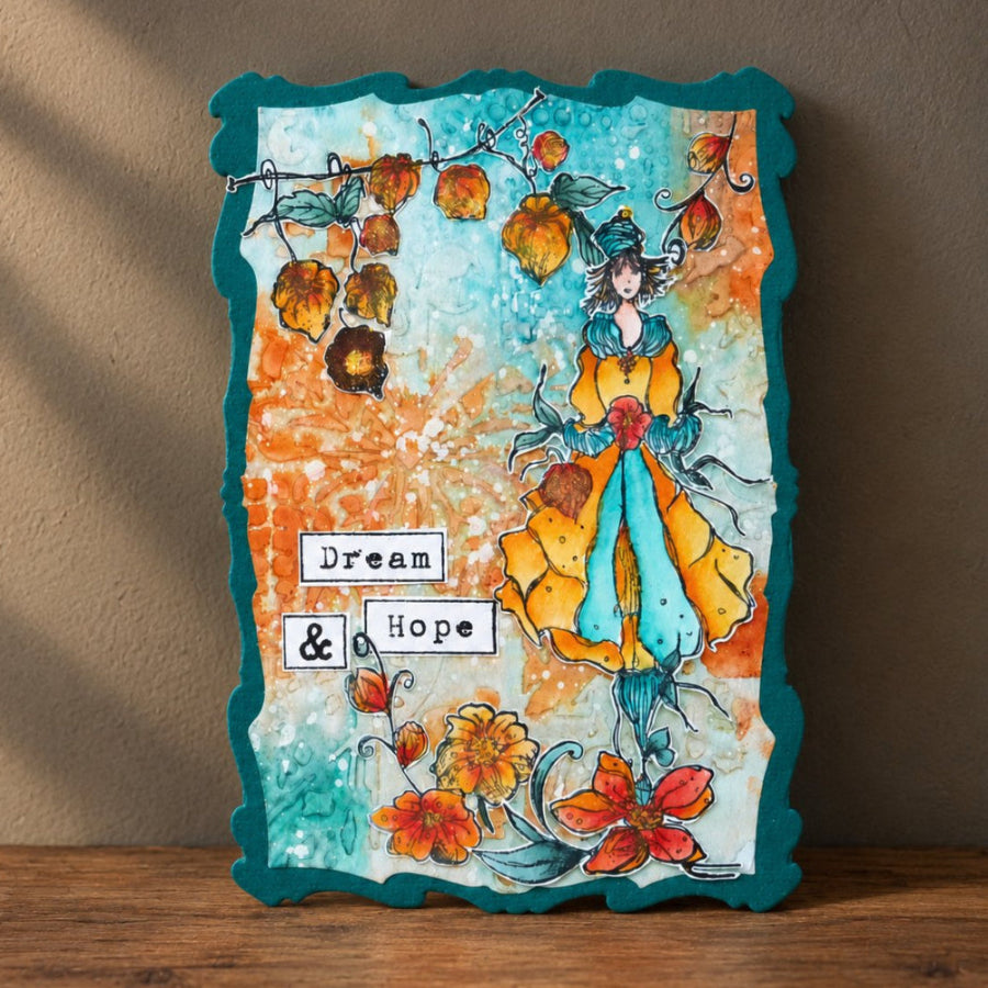 AALL & Create Amber Sonata A6 Clear Stamp Set 1539 orange and blue dress orange hanging leaves dream and hope card