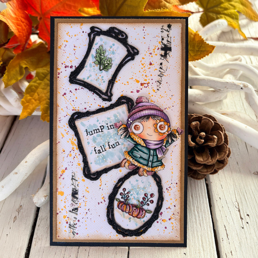 AALL & Create Antique Mirrors Dies di-133 purple hat purple scarf pumpkins jump in fall fun card