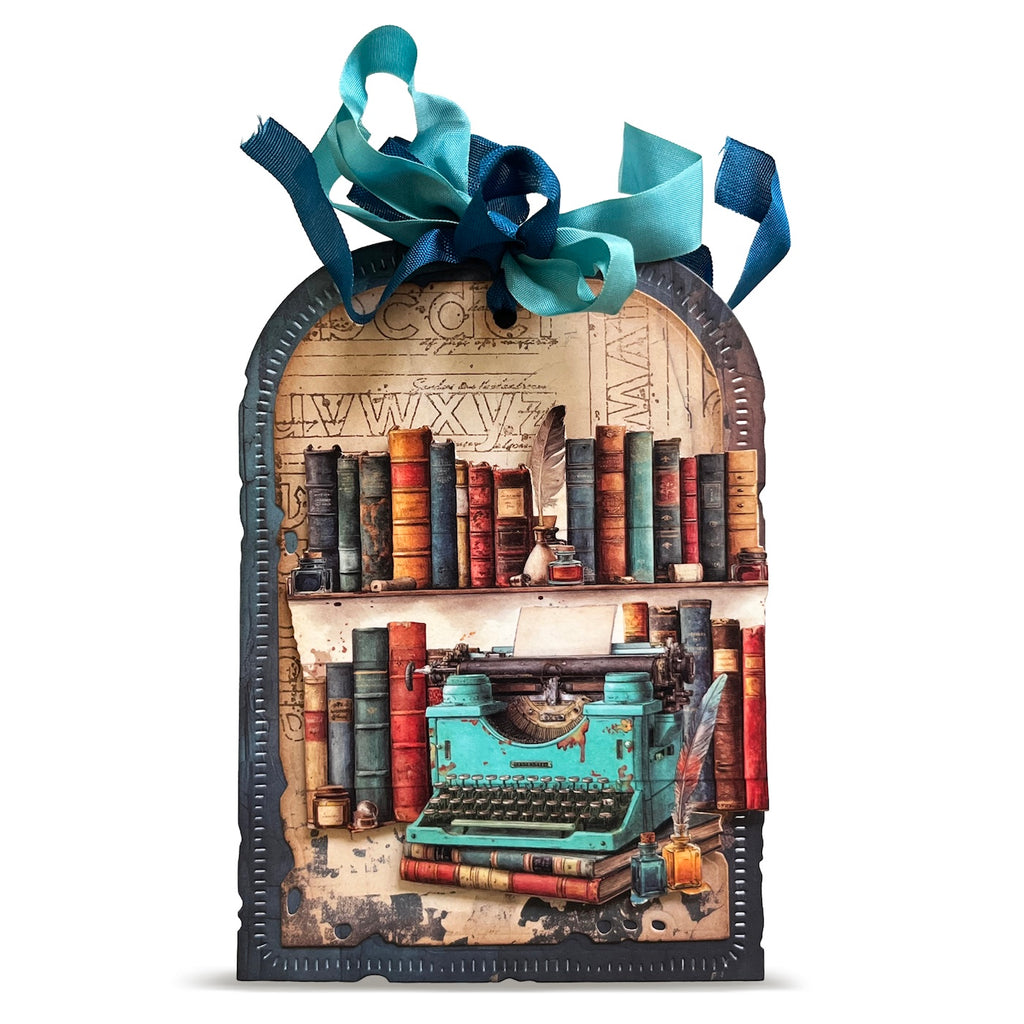 AALL & Create Arc N Art Dies di-104 blue ribbon bows books on bookshelf 