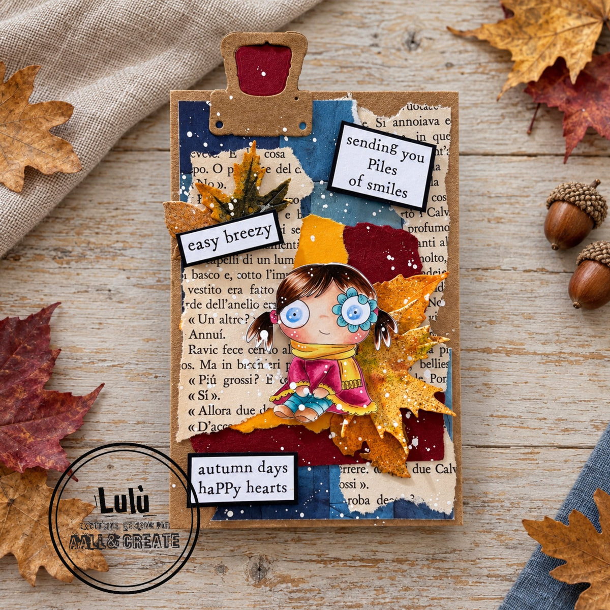 AALL & Create Autumn Days A7 Clear Stamp Set 1508 fall leaves girl with pig tails red dress easy breezy card