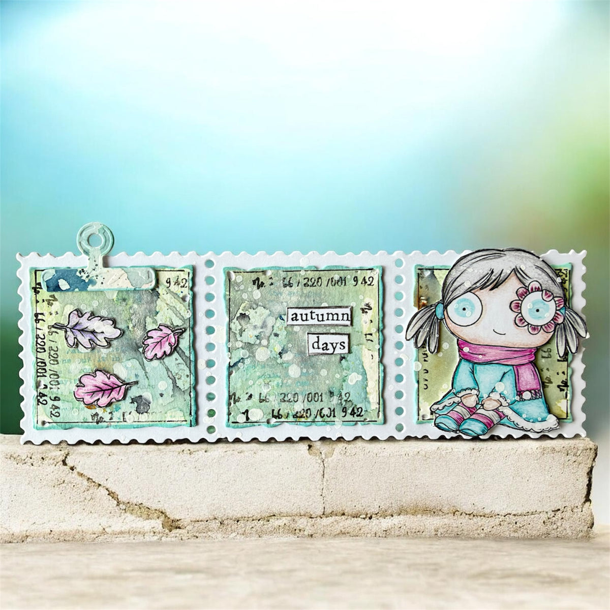 AALL & Create Autumn Days A7 Clear Stamp Set 1508 leaves red scarf blue dress photo strip card