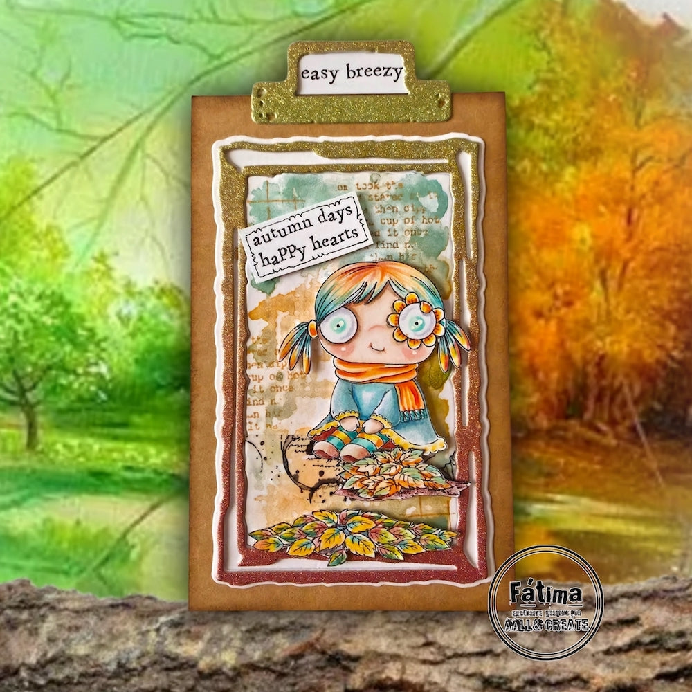 AALL & Create Autumn Days A7 Clear Stamp Set 1508 orange scarf fall leaves glitter border easy breezy card