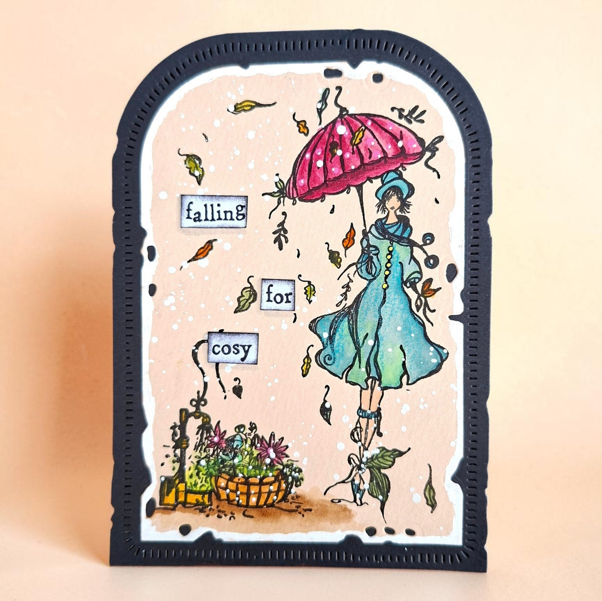 AALL & Create Autumn Dreamer A6 Clear Stamp Set 1538 blue dress blue hat pink umbrella falling for cosy arch card
