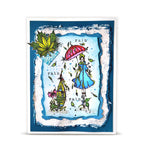 AALL & Create Autumn Dreamer A6 Clear Stamp Set 1538 green leaves pink umbrella blue dress green leaves rain card 