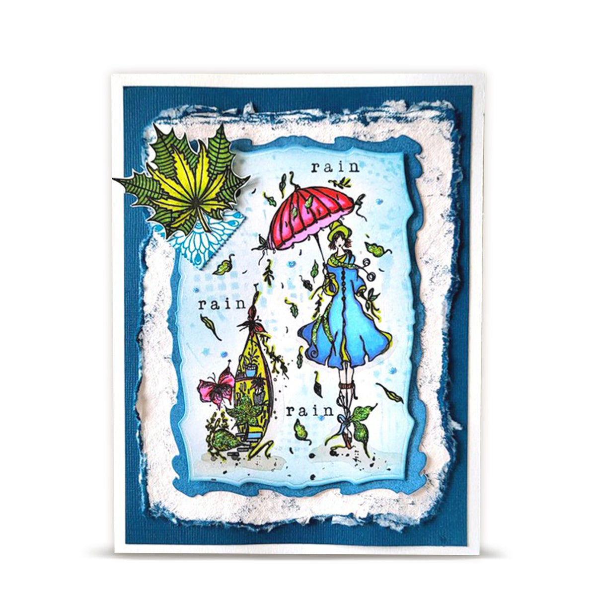 AALL & Create Autumn Dreamer A6 Clear Stamp Set 1538 green leaves pink umbrella blue dress green leaves rain card 