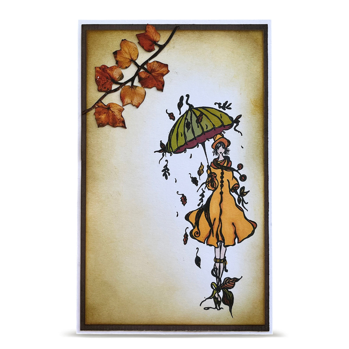 AALL & Create Autumn Dreamer A6 Clear Stamp Set 1538 green umbrella leaf vines brown dress card