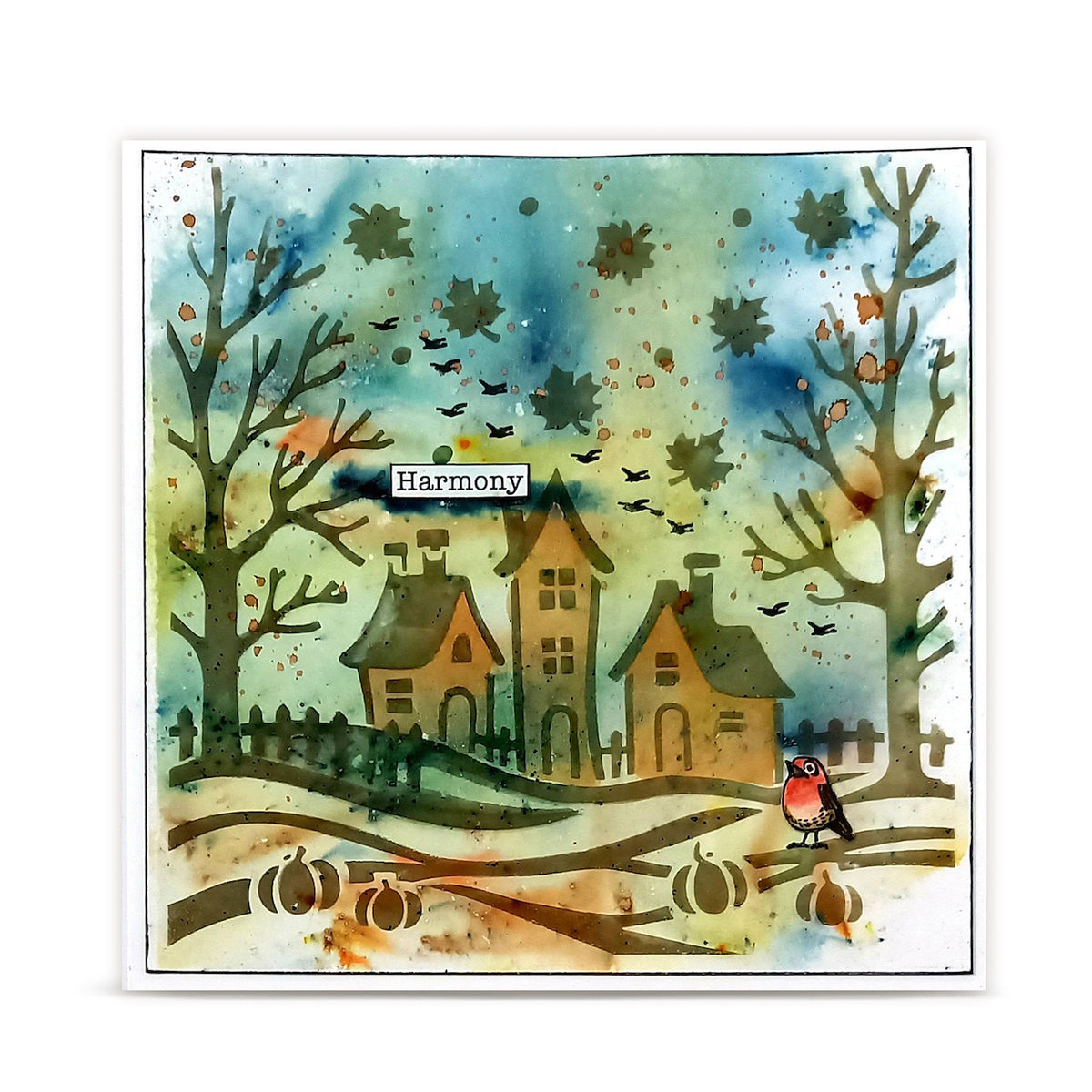 AALL & Create Autumn Glow 6x6 Stencil pc-271 houses fence leaves flying red bird harmony card