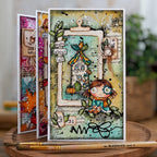 AALL & Create Autumn Lane A6 Clear Stamp Set 1515 green leaves tan house green door orange scarf blue dress nuts about you card