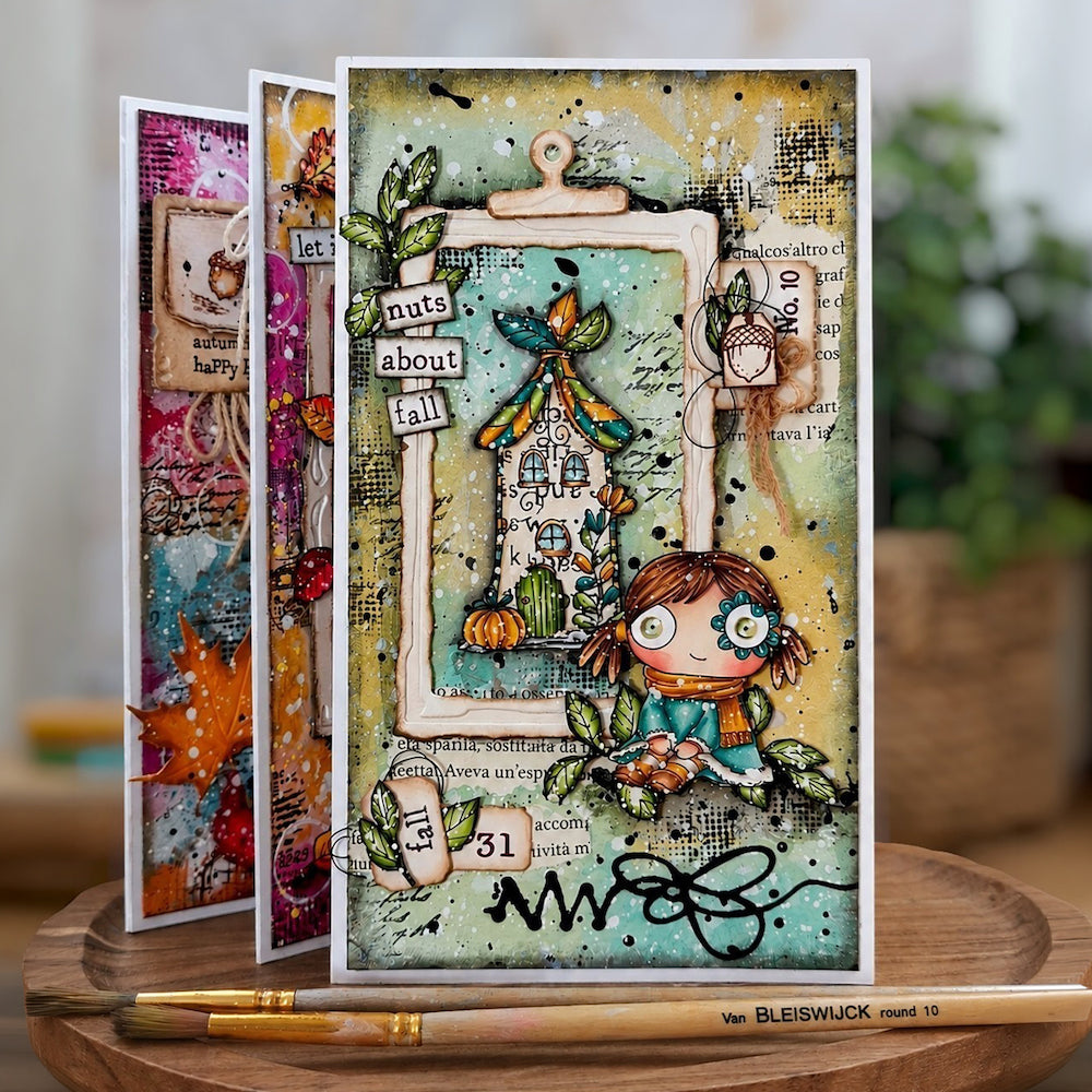 AALL & Create Autumn Lane A6 Clear Stamp Set 1515 green leaves tan house green door orange scarf blue dress nuts about you card