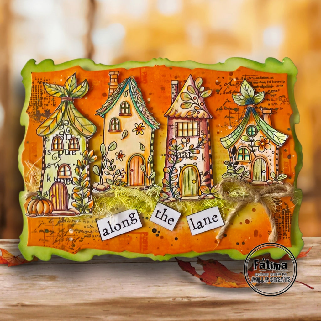 AALL & Create Autumn Lane A6 Clear Stamp Set 1515 houses with leaves pumpkin vine leaves along the lane card