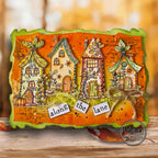 AALL & Create Autumn Lane A6 Clear Stamp Set 1515 houses with leaves pumpkin vine leaves along the lane card