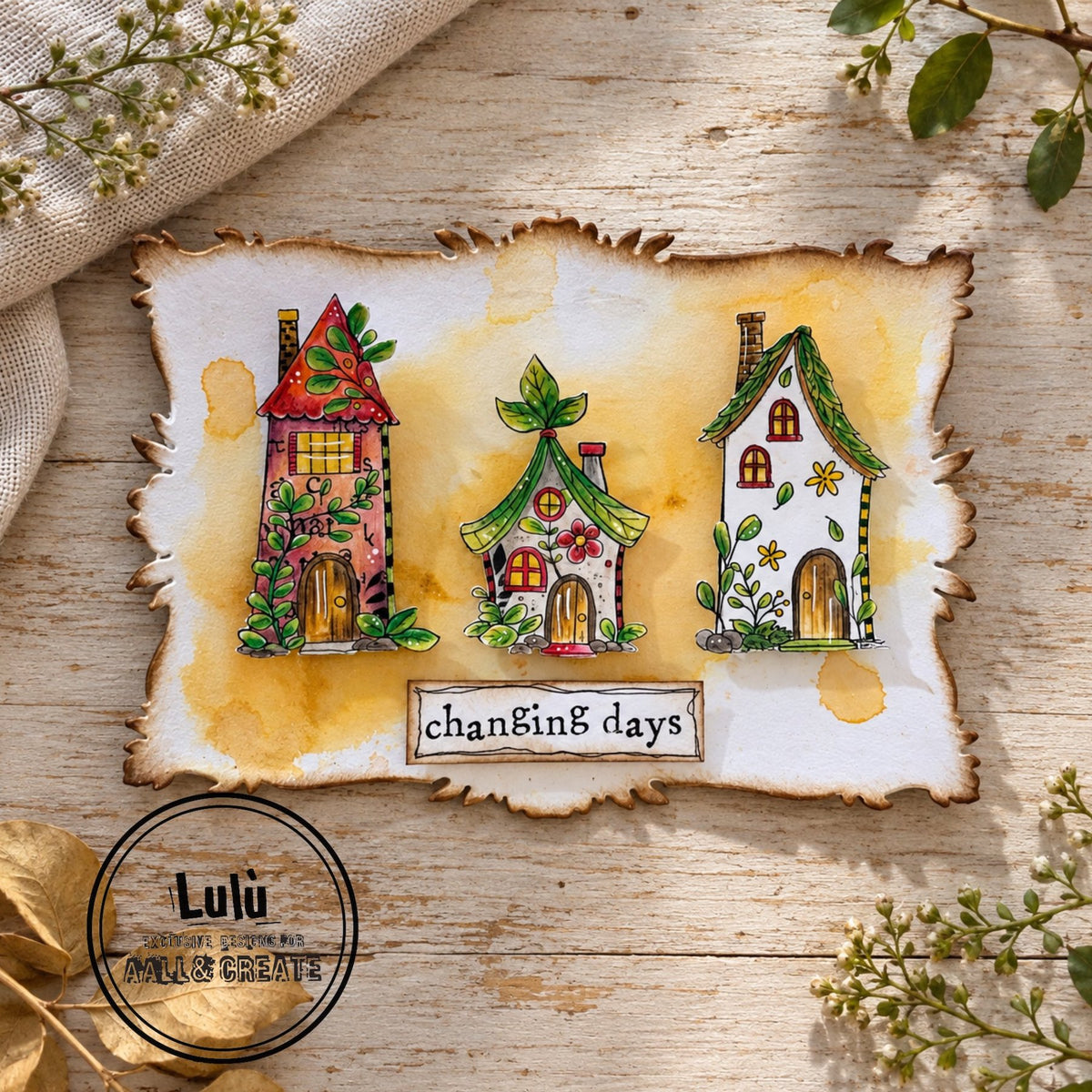 AALL & Create Autumn Lane A6 Clear Stamp Set 1515 red house with vines white house green leaf roofs changing days card