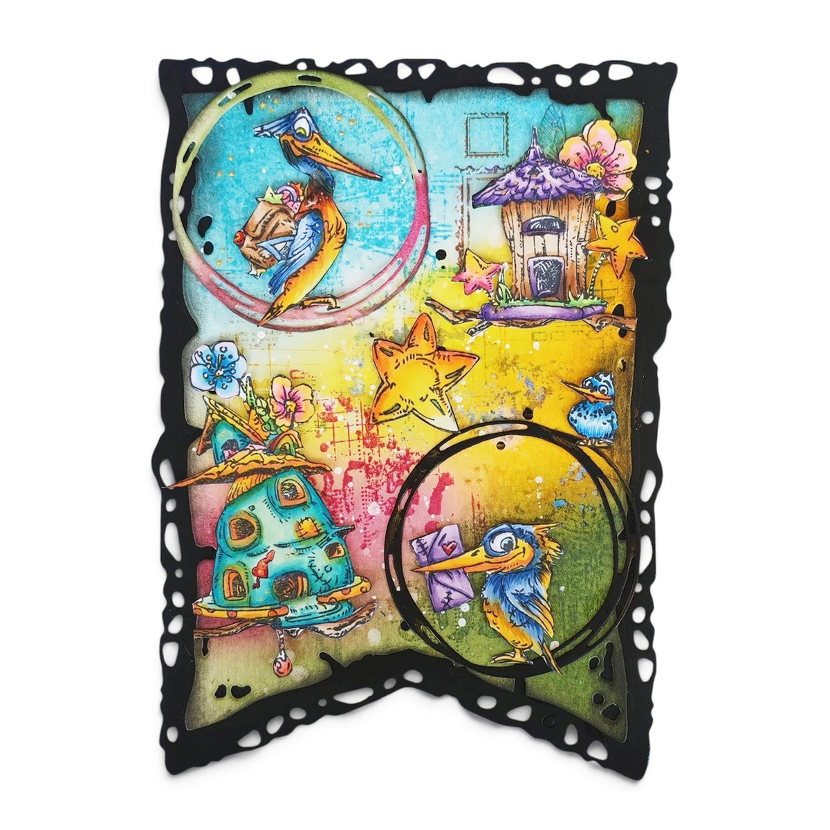 AALL & Create Birdhouse of Letters A6 Clear Stamp Set 1543 stars blue birds flowers card