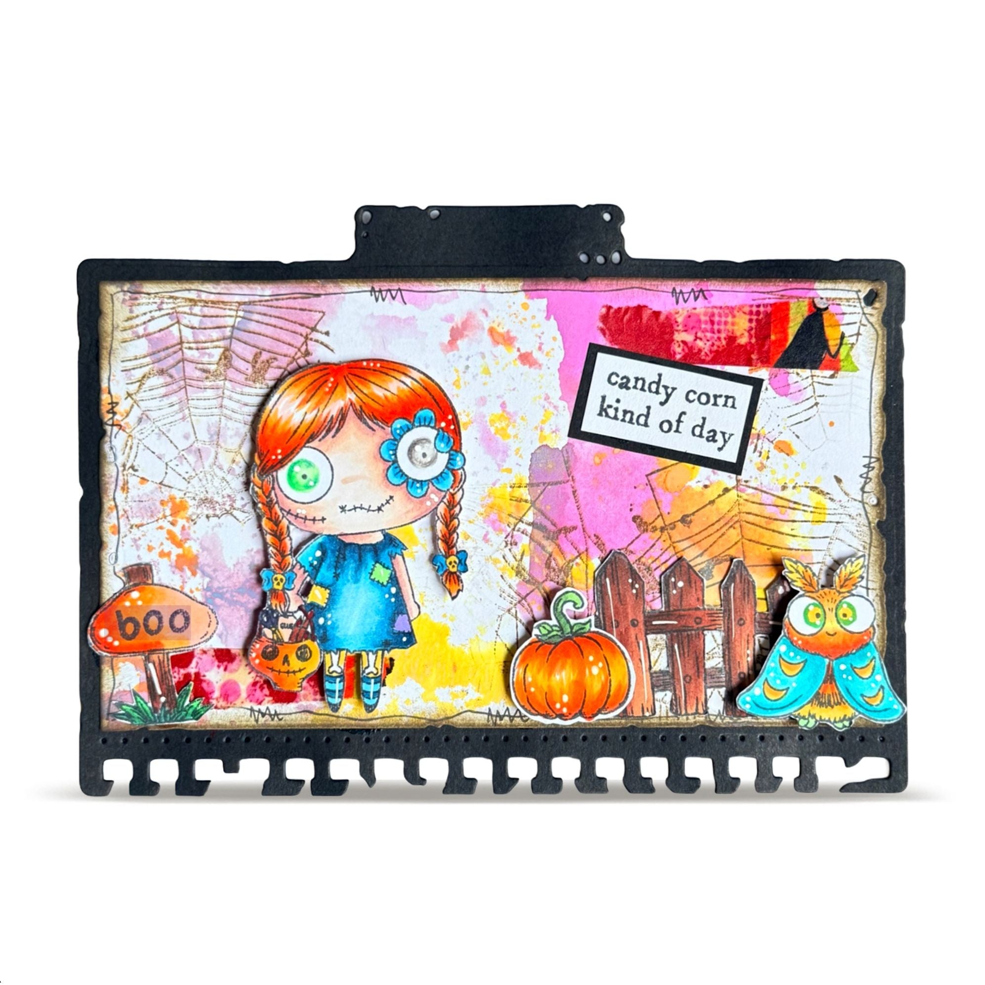 AALL & Create Candy Overload A7 Clear Stamp Set 1415 pumpkin fly fence girl with blue dress card