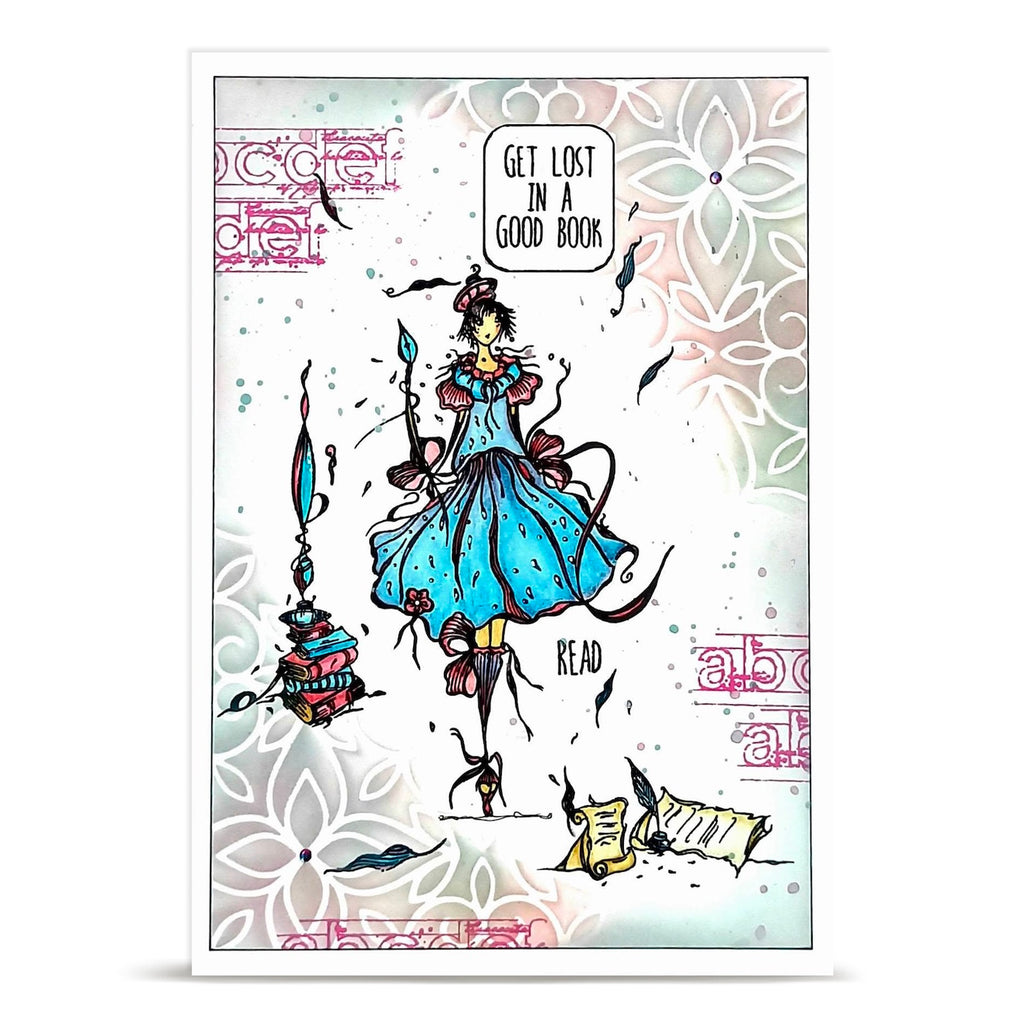 AALL & Create Carried Pages A6 Clear Stamp Set 1481 blue dress get lost in a good book card