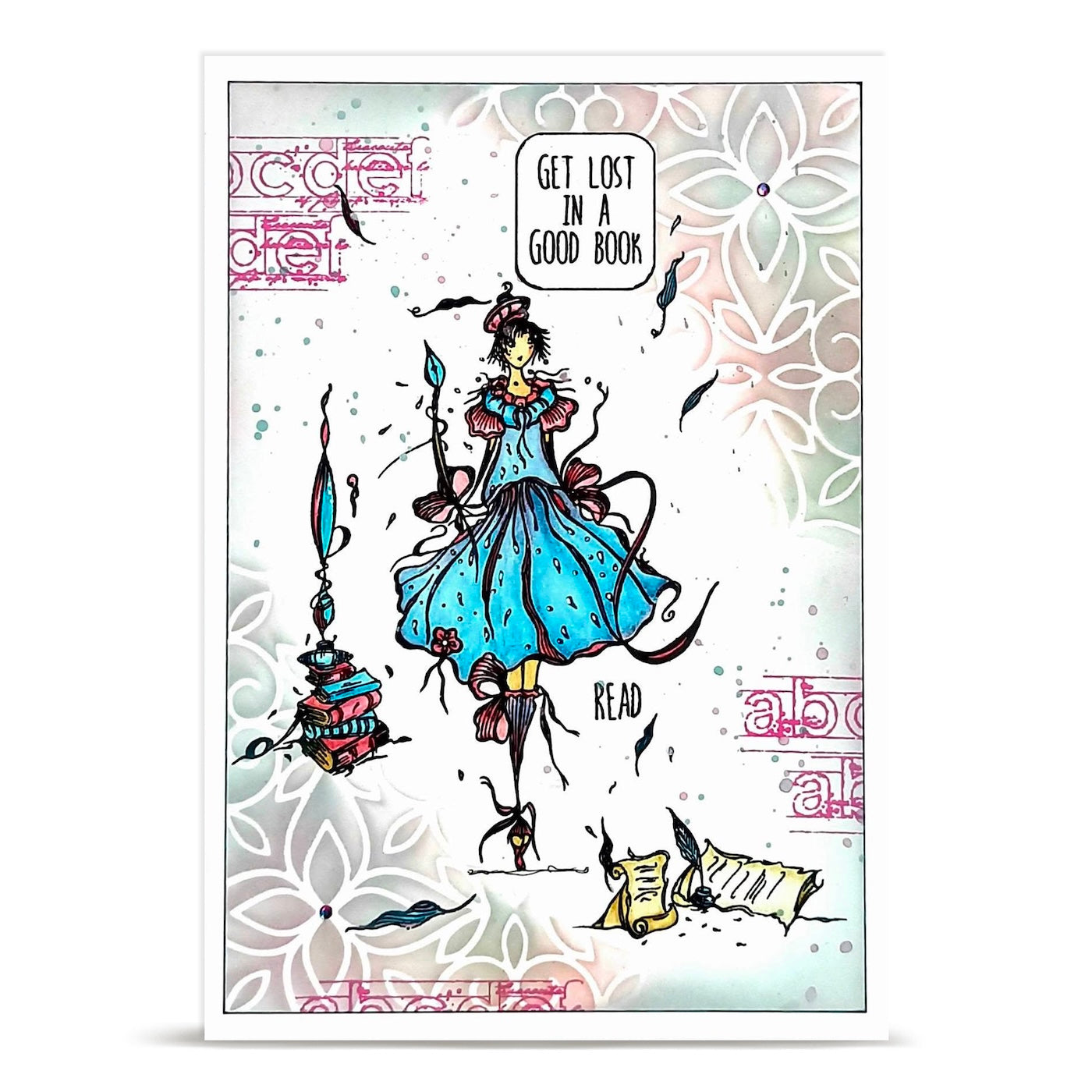 AALL & Create Carried Pages A6 Clear Stamp Set 1481 blue dress get lost in a good book card