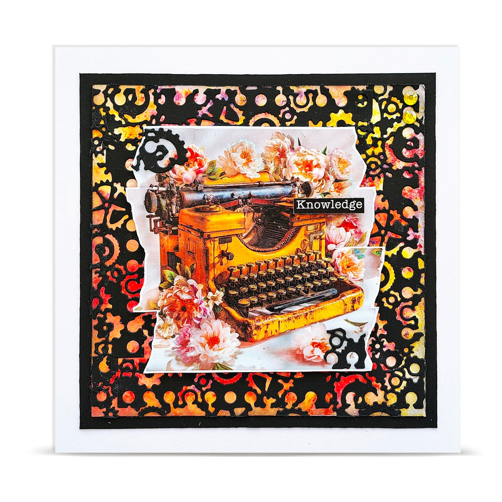 AALL & Create Chapters Ahead Layer it up Washi Tape mt-158 yellow typewriter gears outline background knowledge card