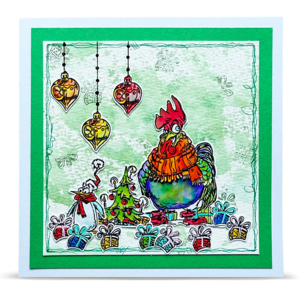 AALL & Create Chickmas Chaos A6 Clear Stamp Set 1494 hanging ornaments penguin chicken with presents card