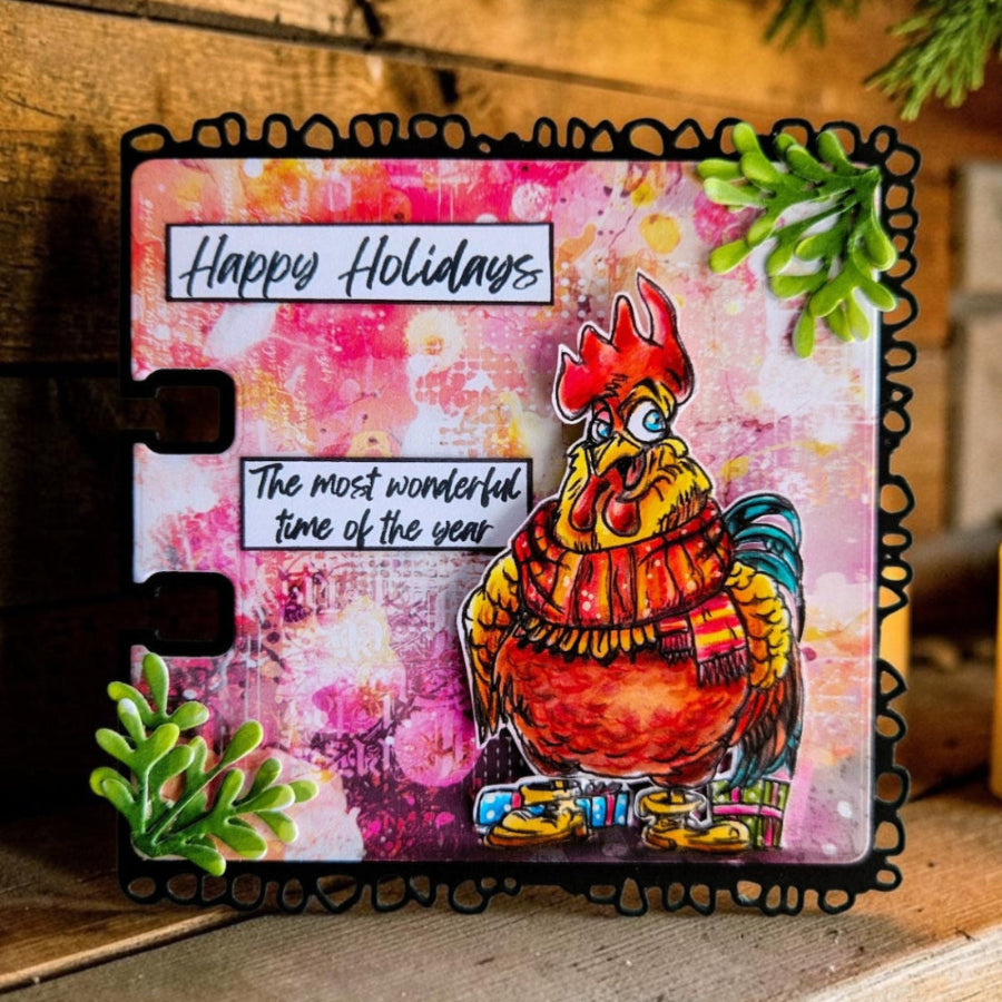 AALL & Create Chickmas Chaos A6 Clear Stamp Set 1494 leaves in corner  stripped scarf happy holidays card