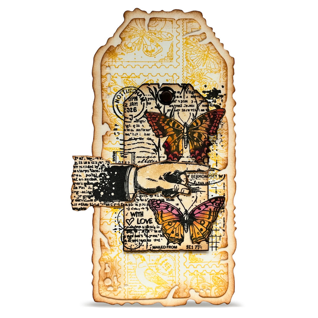 AALL & Create Chrono-Stamped Tag A7 Clear Stamp Set 1448 butterfly tag