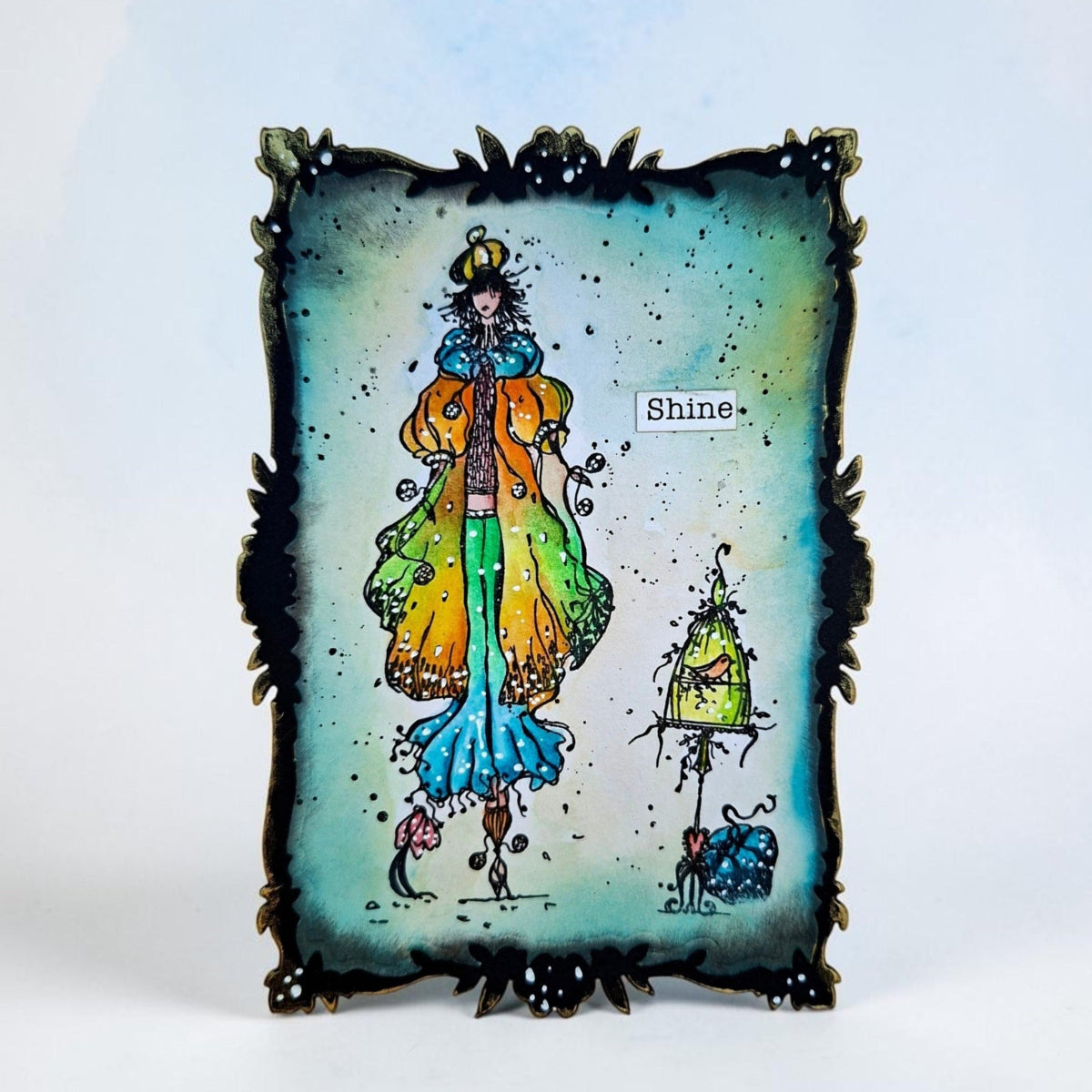 AALL & Create Crowned by Winter A6 Clear Stamp Set 1536 bird green cage blue skirt shine card