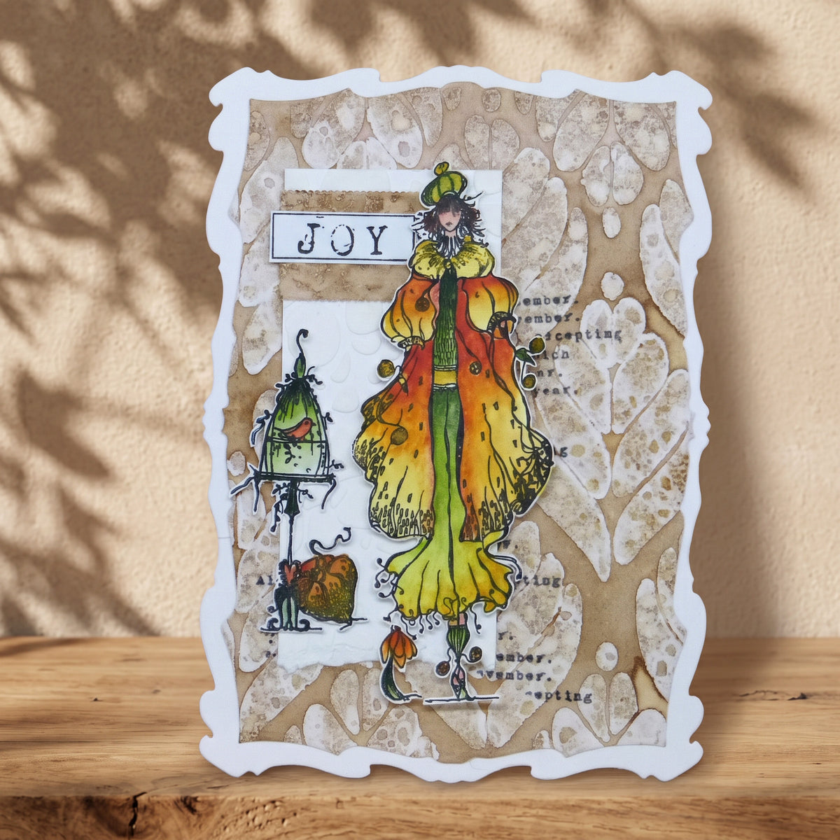 AALL & Create Crowned by Winter A6 Clear Stamp Set 1536 orange coat green skirt joy card 