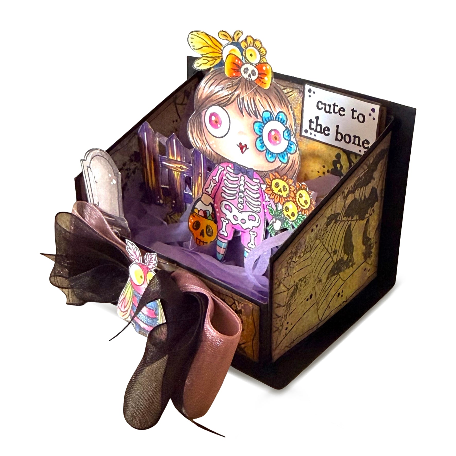 AALL & Create Cute to the Bone A7 Clear Stamp Set 1418 skull bow headstone skeleton outfit card box
