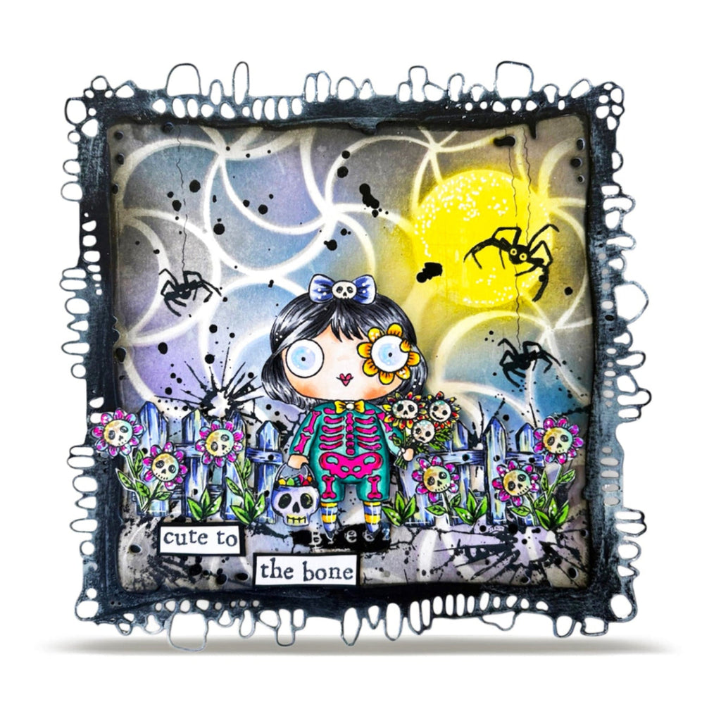 AALL & Create Cute to the Bone A7 Clear Stamp Set 1418 skull flowers spiders moon card