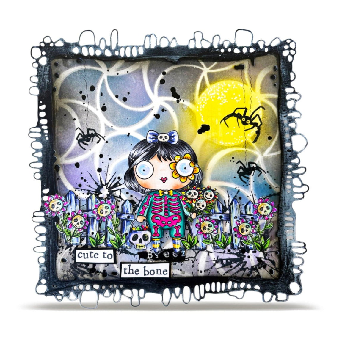 AALL & Create Cute to the Bone A7 Clear Stamp Set 1418 skull flowers spiders moon card