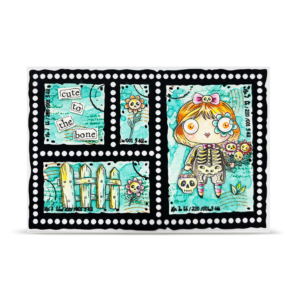 AALL & Create Cute to the Bone A7 Clear Stamp Set 1418 white fence skull flowers skeleton outfit card