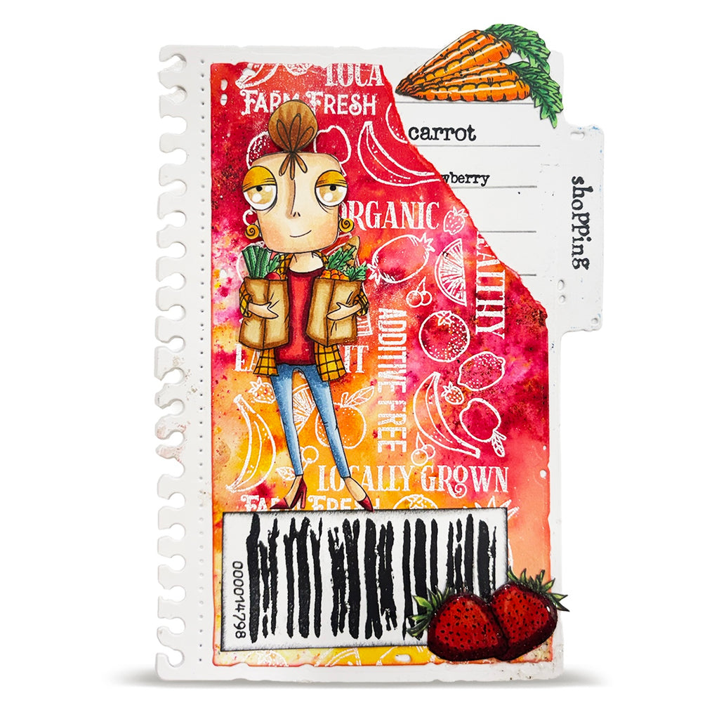 AALL & Create Dee Shops A7 Clear Stamp Set 1434 carrots in bag strawberries red heels card