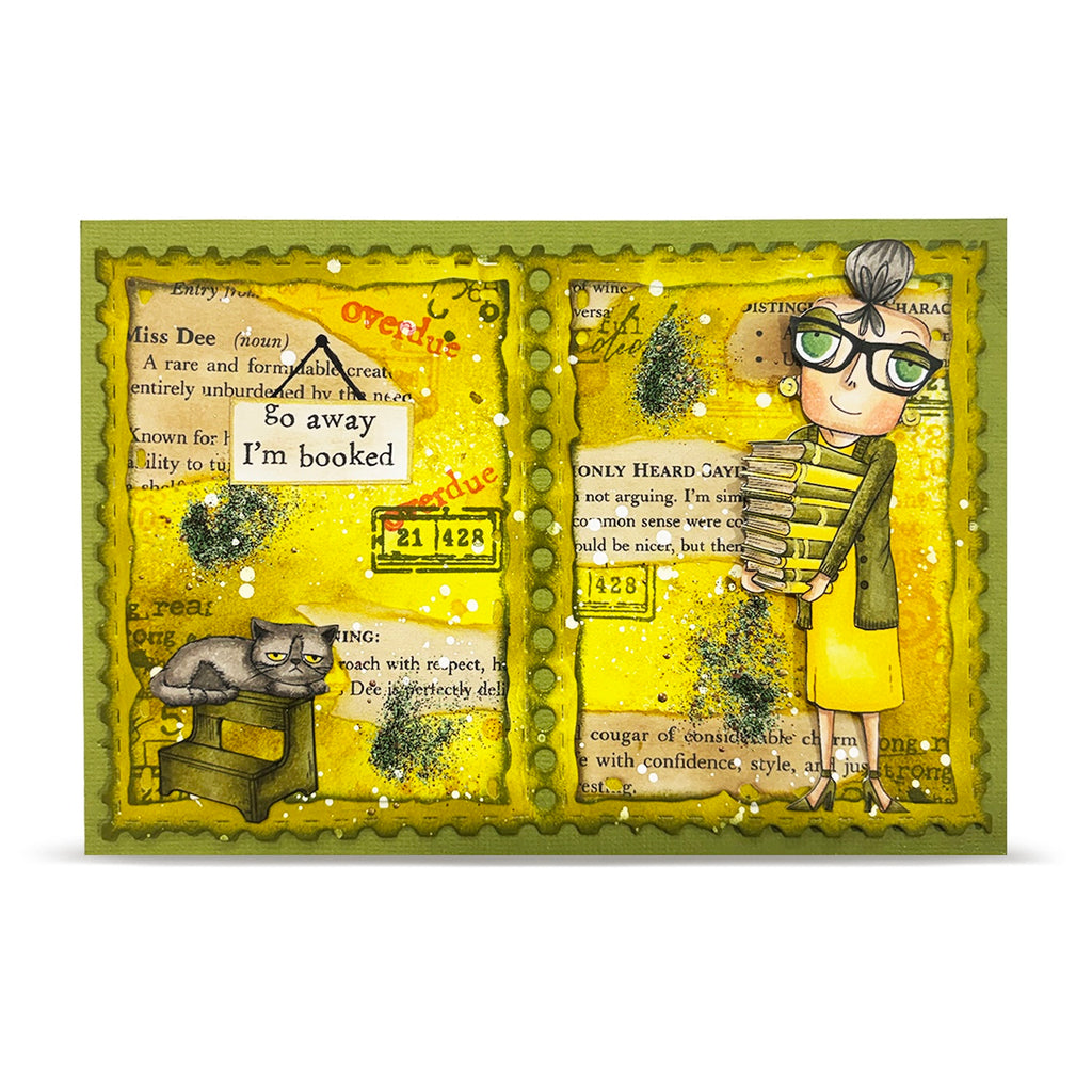 AALL & Create Dee is Booked A7 Clear Stamp Set 1433 books glasses cat on stool go away i'm booked card