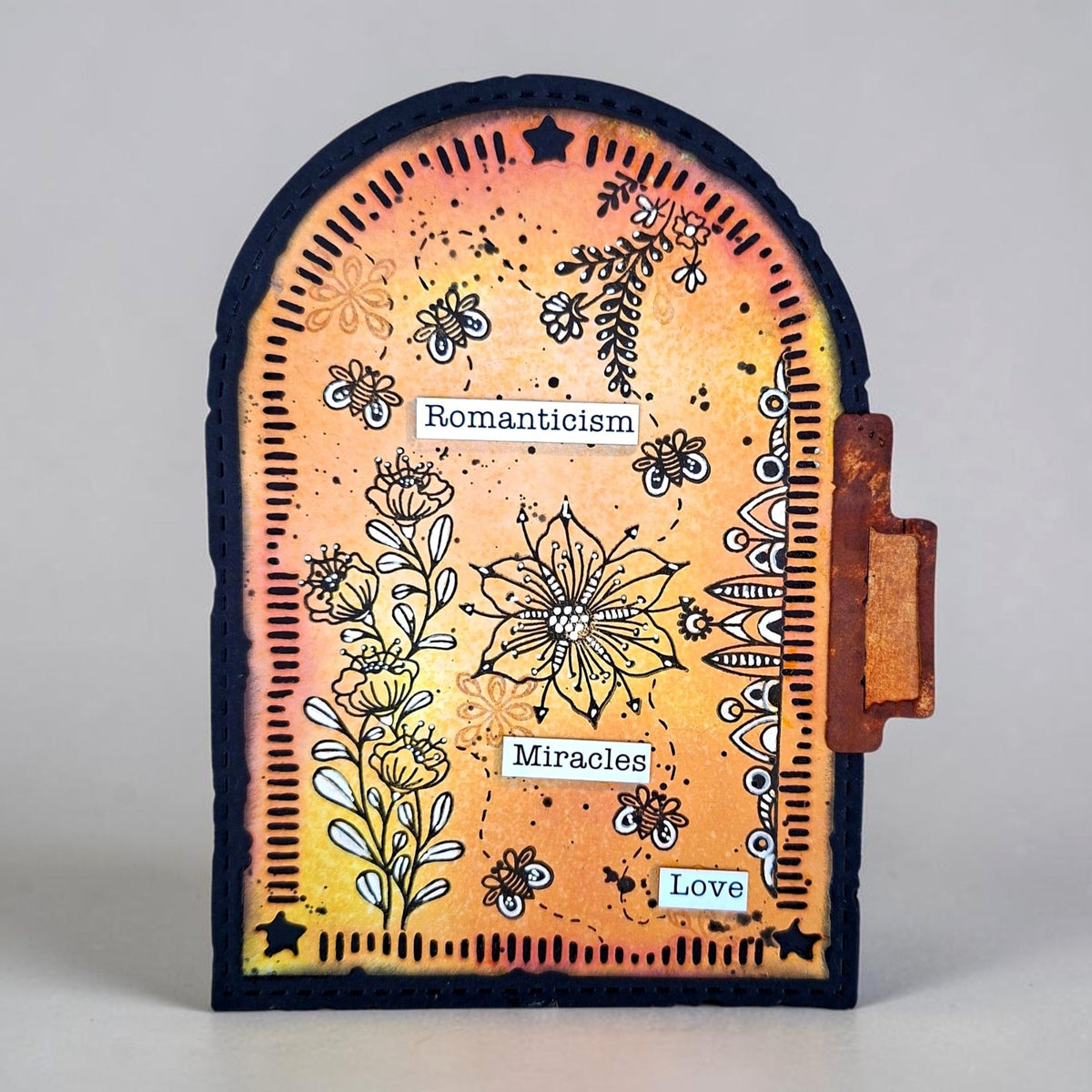 AALL & Create Fleurs Curieuses A6 Clear Stamp Set 1529 flower outlines with white leaves black dashes stars miracles love arch card