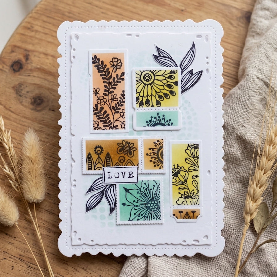 AALL & Create Fleurs Curieuses A6 Clear Stamp Set 1529 flowers lined leaves colored background collage love card
