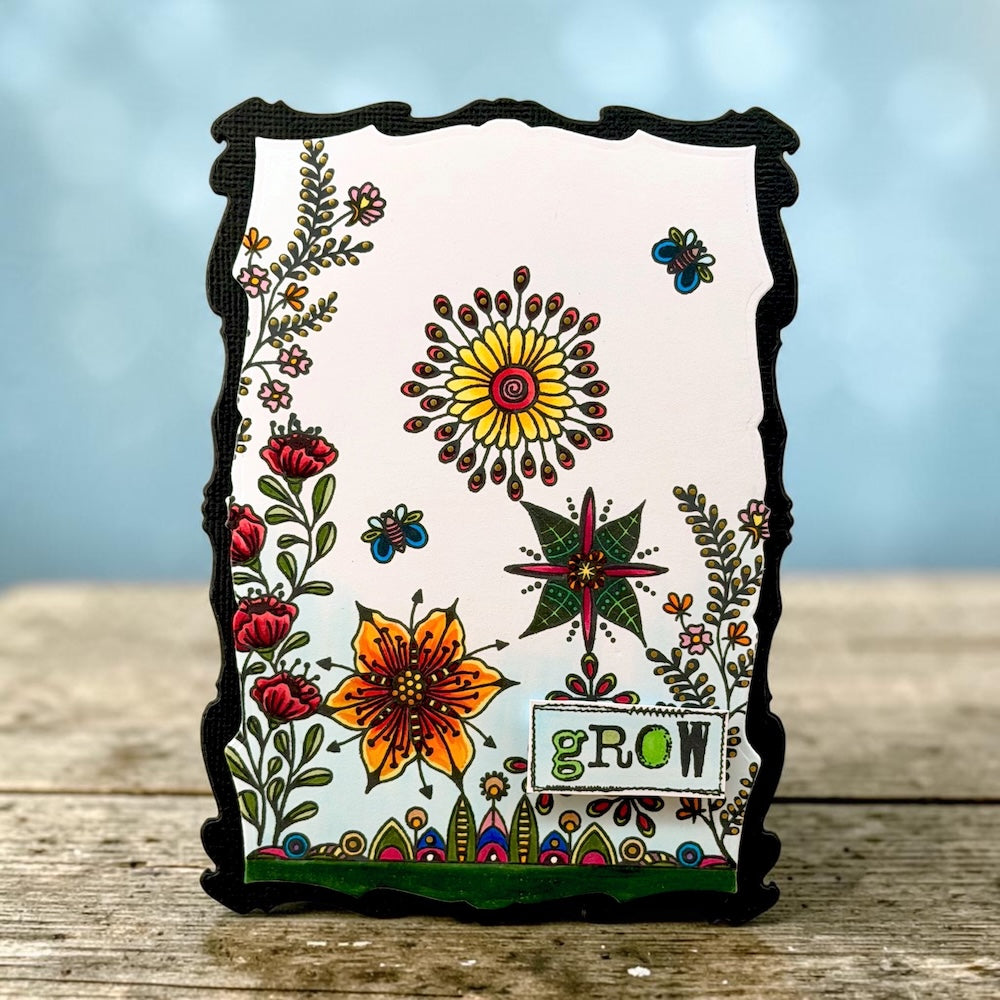 AALL & Create Fleurs Curieuses A6 Clear Stamp Set 1529 red flowers pink flowers colored bees grow card